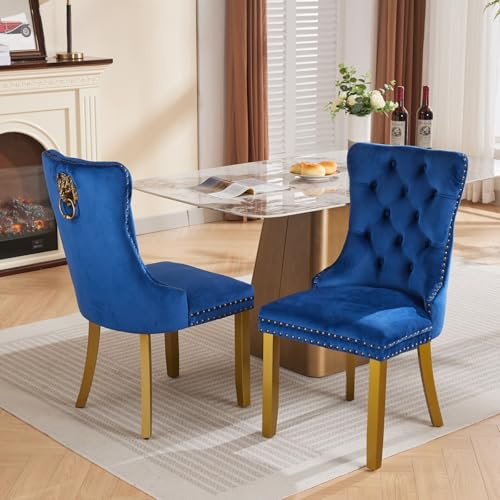 KEIKI Upholstered Velvet Dining Chair, Mid-Century Tufted Accent Seat | with Golden Solid Wood Legs Nailhead Trim 2-Pcs Set, for Dining Room Kitchen Room, Blue - color: Blue