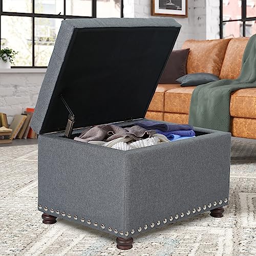 Adeco Classy Linen Blend Fabric Accents Rectangular Storage Bench Ottoman Footstool, Footrest Side Table for Living Room Bedroom, Gray - color: Grey