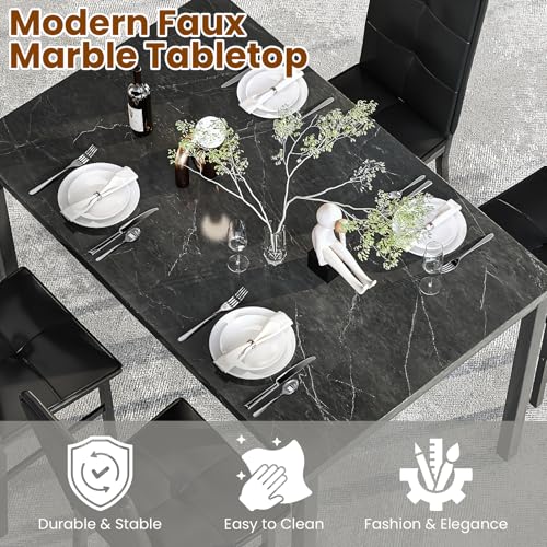 Hooseng Dining Table Set for 4, Faux Marble Small Kitchen Table with 4 PU Leather Chairs, Modern 5 Piece Dinner Table Set for Dining Room, Breakfast Nook, Samll Space, Black - color: Black