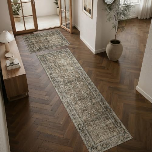 Brown Kitchen Rug Set 2 Piece 2x3+2.6x8 Vintage Distressed | Washable, Non Slip, Low Pile, Floor Mats for Entryway, Kitchen, Bathroom, Laundry Room, Farmhouse Decor - color: Accent Brown, size: 2'x3'+2'6"x8'