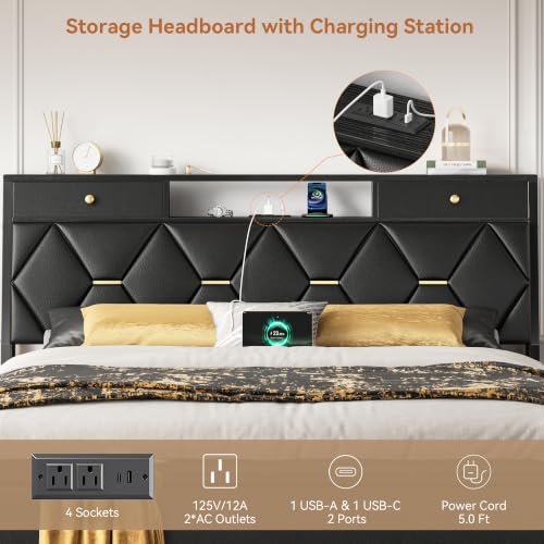 FreeHouse Full Size Bed Frame with Headboard & Storage, All Metal Structure | PU Leather Upholstered Bed Frame Full Size with Charging Station, Diamond Tufted, Gold Accents, No Box Spring Needed, Black - color: Black, size: Full
