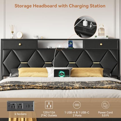 FreeHouse Full Size Bed Frame with Headboard & Storage, All Metal Structure | PU Leather Upholstered Bed Frame Full Size with Charging Station, Diamond Tufted, Gold Accents, No Box Spring Needed, Black - color: Black, size: Full
