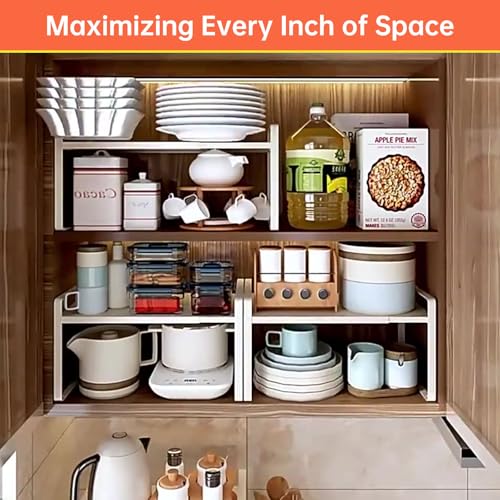 Adjustable Kitchen Shelf Organizer 9", (2 Pack) Heavy-Duty Cabinet Shelves for Countertop, Pantry & Microwave, Expandable Space-Saving Storage Rack with Non-Slip Pads, White - color: 9" wide ( 2 PACK)