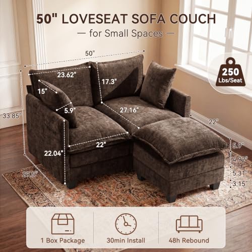 50" Love Seat with Ottoman, Small L Shape Cloud Sofa Couch, 2-Layer Cushion & 27" Deep Seat, 2 Pillows for Small Spaces, Bedroom, Apartment, Office, Living Room, Brown - color: Brown, size: Loveseat with Ottoman