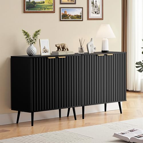 Set of 2 Fluted Storage Cabinet, Buffet Cabinet with Storage, Wood Sideboard with Adjustable Shelf, Modern Accent Cabinet & Console Table for Entryway, Living Room, Dining Room, Black - color: Black, size: 2 Pieces