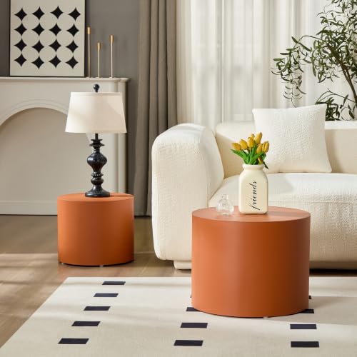 Round Nesting Coffee Table Set of 2 for Living Room, Orange | Saddle Leather Side Tables, 19 in. and 15 in. Accent and End Tables, Wood Frame, 200 lbs Capacity, Bedroom Home Office - color: 19.1" Round Orange