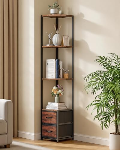Housolution 6 Tier Corner Shelf Stand with Storage and Fabric Drawers,Brown | 63.4'' Tall Narrow Corner Bookshelf, Freestanding Corners Storage Shelf for Living Room Bedroom Small Space - color: Black + Brown, style: 6 Tier