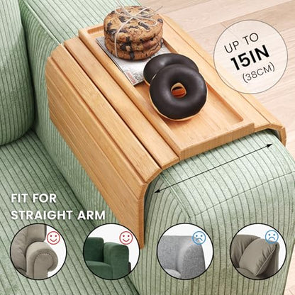 2 Pack Bamboo Folding Sofa Arm Tray with Anti-Slip Pad (Natural) | Couch Armrest Tray,Foldable Build, Space-Saving Storage, No Assembly, easy to clean, universal arm fit,Gift box - color: Natural