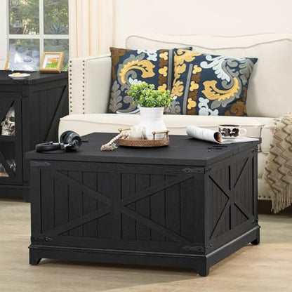 Joaxswe Farmhouse Coffee Table with Hidden Storage Organizer, Black Square Large Center Table, Wood Farm House Low Modern Living Room Tables with Hinged Lift Top for Home, Office - color: Black, style: With Legs