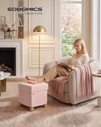 SONGMICS Storage Ottoman, Textured PU Leather Footstool with Legs, Footrest with Cushion, for Living Room and Bedroom, 15 x 15 x 15.7 Inches, Pink, Minota Collection ULSF523SA01 - color: Pink (With Legs)