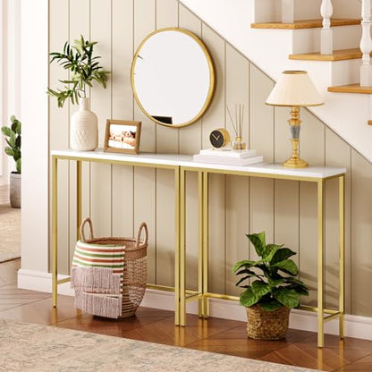HOOBRO Narrow Console Table, 29.5" Small Entryway Table, Thin Sofa Table, Side Table, Display Table, for Hallway, Bedroom, Living Room, Foyer, White and Gold DW75XG01 - color: White + Gold