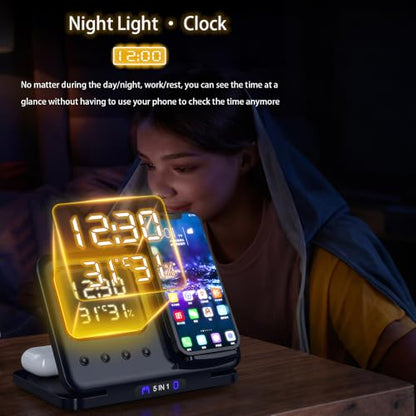 IHAO 5in1 Multi Functional Wireless Charger with Digital Clock 15W Fast Charge Night Light Temperature Display MagSafe Compliant for iPhone iWatch and Qi Headphone-DH13 Black - color: 5IN1 MagSafe Compliant DH13 Black