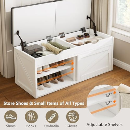 iPormis Shoe Storage Bench,40" Wide 2-Tier Shoe Bench with Padded Seat Cushion and Lift Top Storage,Entryway Bench with Adjustable Shelf,Wooden End of Bed Bench,White - color: Cream White