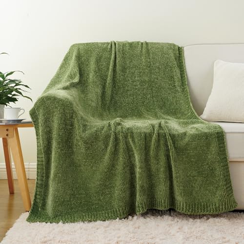 Green Chenille Throw Blanket for Couch, Soft Knit Throw Blanket 51"x67" | Shiny Chenille Blanket, Decorative Soft Moss Green Blankets for Bed Sofa Living Room - color: Green