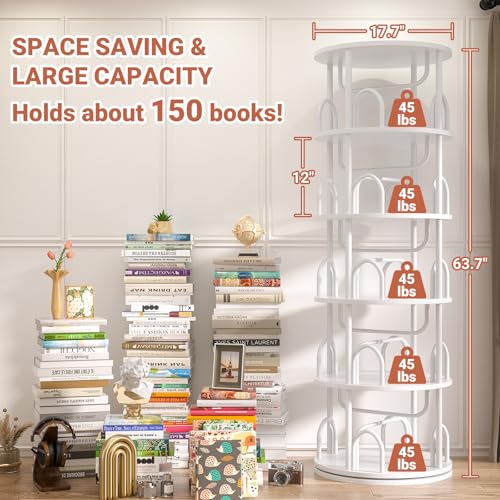 Aheaplus 5 Tier Rotating Bookshelf Tower, 360 Display Spinning Bookcase, Revolving Round Book Shelf Narrow Swivel Bookshelf, Vertical Turning Spiral Corner Book Organizer for Small Space, White - color: White, size: 5 Tier, 63" H