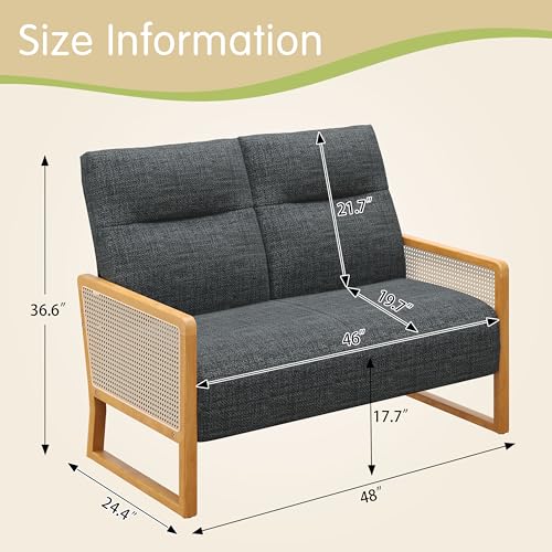 Alunaune Modern Loveseat Bench Couch with Natural Rattan Arm, Upholstered Linen Small Love Seat Sofa 2-Seats Living Room Couch Settee, Comfy Lounge Recliner Chair-Grey - color: Grey