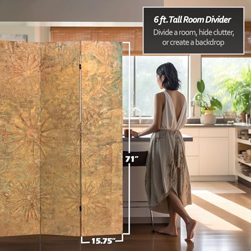 Red Lantern 6 ft. Tall Double Sided Brass Blossoms Canvas Room Divider - color: Brass Blossoms