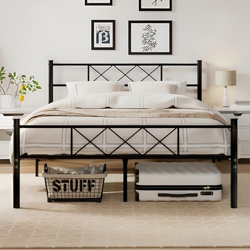 VECELO Queen Size Bed Frame with Headboard, Heavy Duty Bedframe with Strong Metal Slats, No Box Spring Needed & Easy Assembly, Matte Black - color: Matte Black, size: Queen