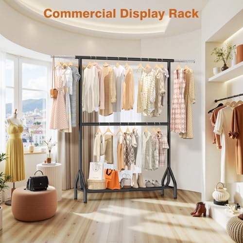 Double Rod Clothing Rack Load 622 LBS, Heavy Duty Clothes Rack for Hanging Clothes, 82.68 inch High Garment Rack with Sotrage Shelves, Metal Clothing Hanger Closet Wardrobe Organizer (Black) - color: Black