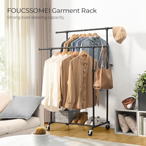 FOUCSSOMEI Heavy Duty Clothes Rack, Rolling Clothing Rack, Garment Rack with Wheels, Double Rod, Max 400Lbs, Black - size: Double Rod