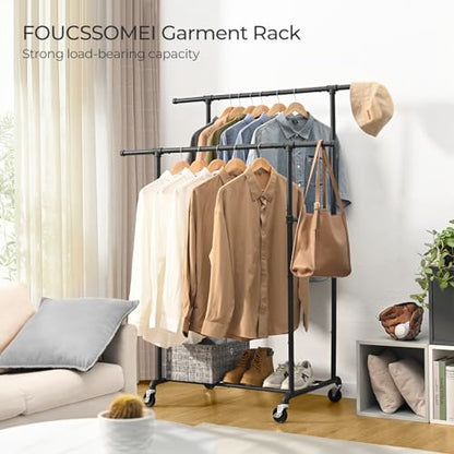 FOUCSSOMEI Heavy Duty Clothes Rack, Rolling Clothing Rack, Garment Rack with Wheels, Double Rod, Max 400Lbs, Black - size: Double Rod
