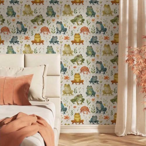 17.7"x118" Boho Cartoon Frogs Peel and Stick Self Adhesive Wallpaper Removable Contact Paper Stick on Easy Peel Off Wall Paper for Kitchen Bedroom Bathroom Renter - size: 17.7" x 118"