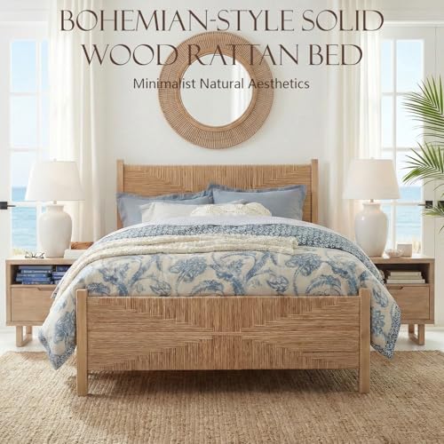 Brafab King Size Rattan Bed Frame, Boho Bed Frame with Hand Woven Wicker Headboard & Footboard, Mid-Century Solid Wood Posts and Feet, Metal Slat, No Box Spring Needed, Natural Oak - size: King (U.S. Standard)