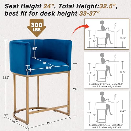 HNY Modern Counter Height Velvet Fabric Upholstered Counter Stools Set of 2, 24 Inch Kitchen Island Stool with Gold Finish Metal Frame, Navy Blue - color: 24inch Blue,gold Base