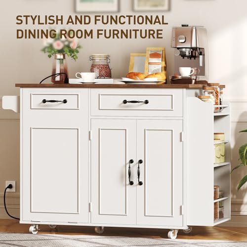 Kitchen Island with Power Outlet & Drop Leaf, Mobile Rolling Cart with Trash Can Storage, 3-Tier Spice Rack, Island Table for Kitchen, Dining Room, White and Walnut - color: White + Walnut