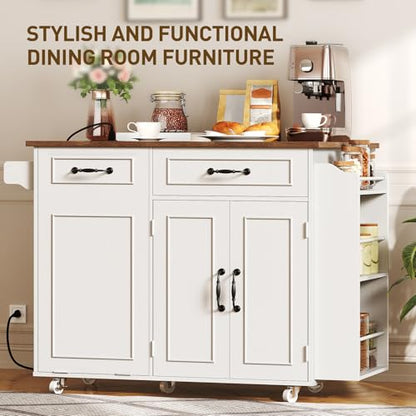 Kitchen Island with Power Outlet & Drop Leaf, Mobile Rolling Cart with Trash Can Storage, 3-Tier Spice Rack, Island Table for Kitchen, Dining Room, White and Walnut - color: White + Walnut