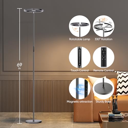 Gunmetal Gray LED Floor Lamp - Rotatable Standing Lamp for Living Room Bedroom, 22W Dimmable Floor Readig Light with Touch/Remote Control, Modern Corner Lamp for Office, Brightness Adjustable - color: Gunmetal Gray