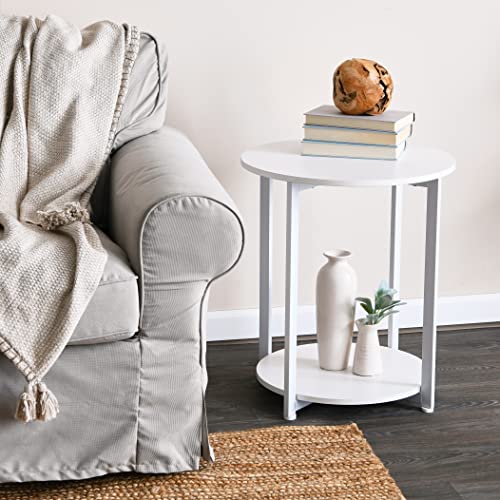 Household Essentials Round Side End Table with Storage Shelf in Scandinavian Wood Grain and Metal Frame, White - color: Scandinavian White