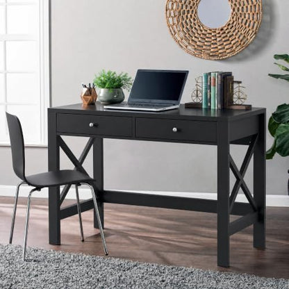 ChooChoo 40 Inches Farmhouse Computer Desk with 2 Drawers | Wooden Writing Desk, Study Desk for Home Office, Makeup Vanity, Black - color: Black, size: 40inch without Power Outlet