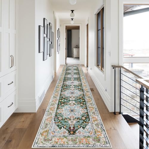 U'Artlines 2.6' x 14' Extra Long Boho Hallway Runner Rug, Green | Non Slip Washable Vintage Farmhouse Accent Area Rug Carpet for Kitchen Entryway Laundry and Living Room - color: Green, size: 2.6' x 14' (Runner)