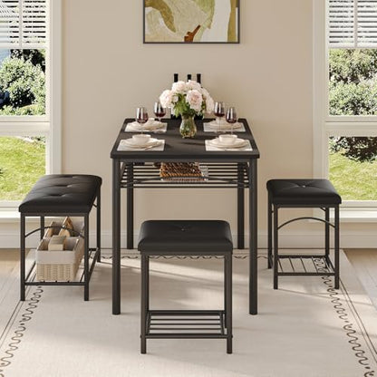 Space-Saving Dining Table Set for 4, Modern Kitchen Dinette with Padded Upholstered Bench & 2 Stools, Anti-Wobble Metal Frame Dining Furniture with Multi-Layer Storage Shelf, Waterproof Wood Grain Tab - color: Black