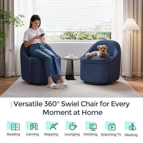 LINSY Swivel Accent Chair with Storage Comfy Chenille Barrel Chairs, Small 360 Swivel Modern Armchair for Living Room Bedroom, Boucle Reading Chair for Study Room (Blue) - color: Blue