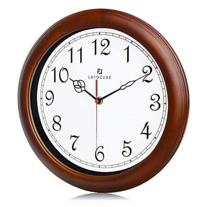 Lafocuse 12 Inch Silent Solid Wood Wall Clocks Battery Operated, Analog Brown Wall Clock for Living Room Decor, Retro Kitchen Clock for Bedroom Home Office