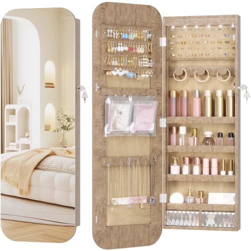 6 LEDs Mirror Jewelry Cabinet Door Hanging, 42.5", Lockable, Brown | Jewelry Organizer with Full Length Mirror, Wall Mounted Large Jewelry Storage for Earrings, Rings, Necklaces - color: Brown