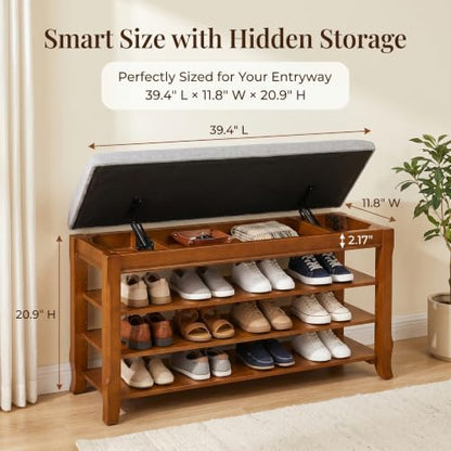 SolidWood Entryway Shoe Rack Storage Bench, Flip-Top Soft-Close Lid, 39.4'' | 550 lbs Max Load, Adjustable Shelves, Cushioned Entryway Shoe Organizer for Closet, Hallway, Foyer - size: 39.4"