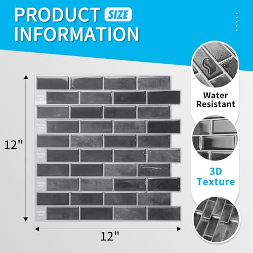 Art3d 10-Pack Marble Peel and Stick Backsplash, 12 x 12 in, Smoky Black | Strong Adhesion, Lightweight, Cuttable, Waterproof, Fadeless, Crack Resistant, for Kitchen, Bedroom, Ideal for Recently Moved - color: Smoky Black