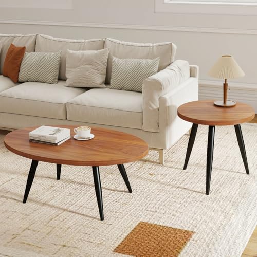 2-Piece Oval & Round Nesting Coffee Table Set | Separable to Serve as Individual Side Tables, Equipped with 7 Glossy Smooth Painted Metal Legs