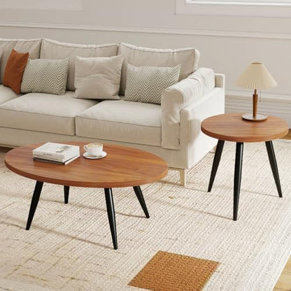 2-Piece Oval & Round Nesting Coffee Table Set | Separable to Serve as Individual Side Tables, Equipped with 7 Glossy Smooth Painted Metal Legs