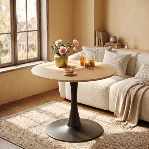 24‘’ Round Wood Dining Table Modern Pedestal Table for Small Spaces | Mid Century Coffee Bistro Table with Stable Metal Base for Apartment, Studio, Office, Living Room, Small Kitchen Areas - color: Natural & Black, size: 24 Inch