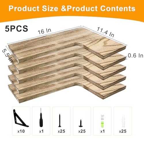 5 Pcs Corner Floating Shelves Set,Wood Wall Mount Corner Shelf | for Wall Room Kitchen Bedroom Bathroom,L-Shaped Wood Shelves Storage Display for Home Decor(Lightly Burnt Brown)