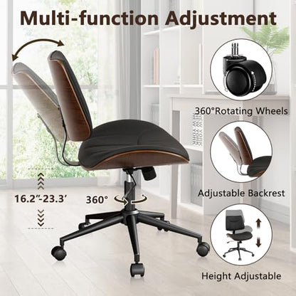 CLATINA Office Chair Armless with Wheels, Mid-Century Modern Walnut Desk Chair, Adjustable Height Reading Chair, PU Leather Mid Back & Swivel Computer Chairs for Home Meeting Room Bedroom, Black(1 PK) - color: Black Linear, size: 1 Pack