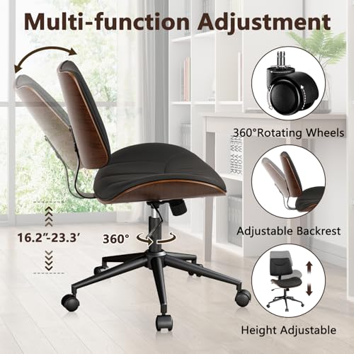 CLATINA Office Chair Armless with Wheels, Mid-Century Modern Walnut Desk Chair, Adjustable Height Reading Chair, PU Leather Mid Back & Swivel Computer Chairs for Home Meeting Room Bedroom, Black(4 PK) - color: Black Linear, size: 4 Pack