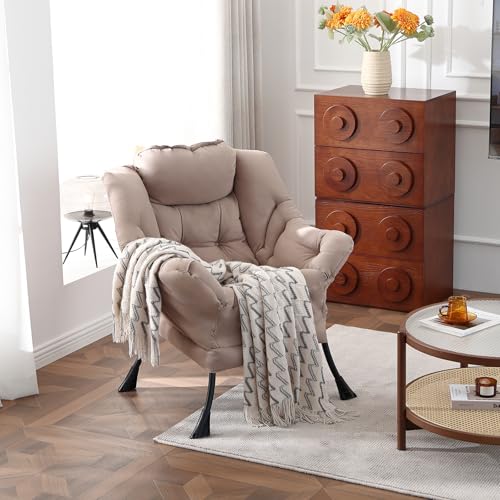 Welnow Khaki Single Lazy Chair for Adults，Modern Reading Accent Chair | A Side Pocket,Armrests,Thick Cushioned Seat & Backrest, Lounge Reading Chair for Bedroom,Living Room & Small Space - color: Khaki Without Stool