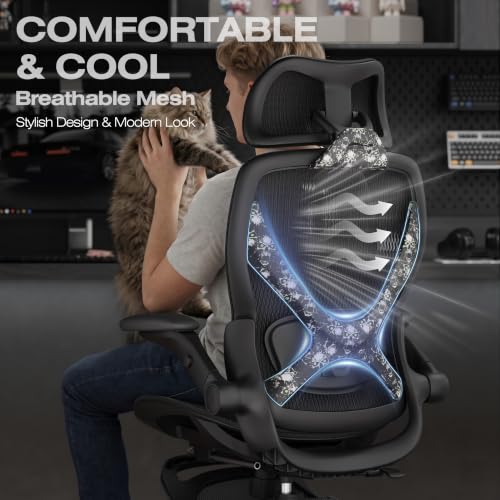 X100 Ergonomic Mesh Office Chair with Footrest, Big and Tall Home Desk Chair with 5D Flip-Up Arms, Adjustable 3D Lumbar Support, Gaming & Executive Computer Chair (Night Reaper) - color: Night Reaper