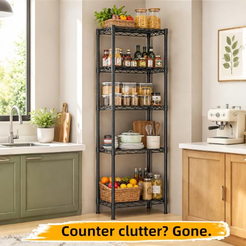 Lab Cosi 5 Tier Narrow Shelf 15.85" W Black Wire Rack, Adjustable Metal Storage Organizer for Pantry Kitchen Closet, Freestanding Shelf Unit - size: 15.92"W x 53"H x 11.8"D