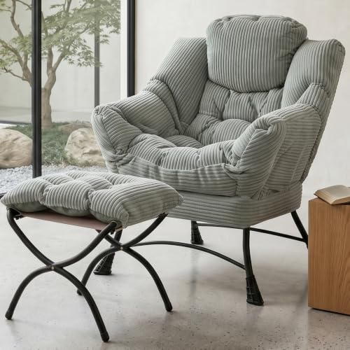 Lazy Chair with Ottoman, Modern Skinny Lounge Chair with Footrest | Foldable Footrest, Padded & Backrest with Side Pocket, Comfy Accent Reading Chair for Living Room & Small Spaces, Green - color: Light Green